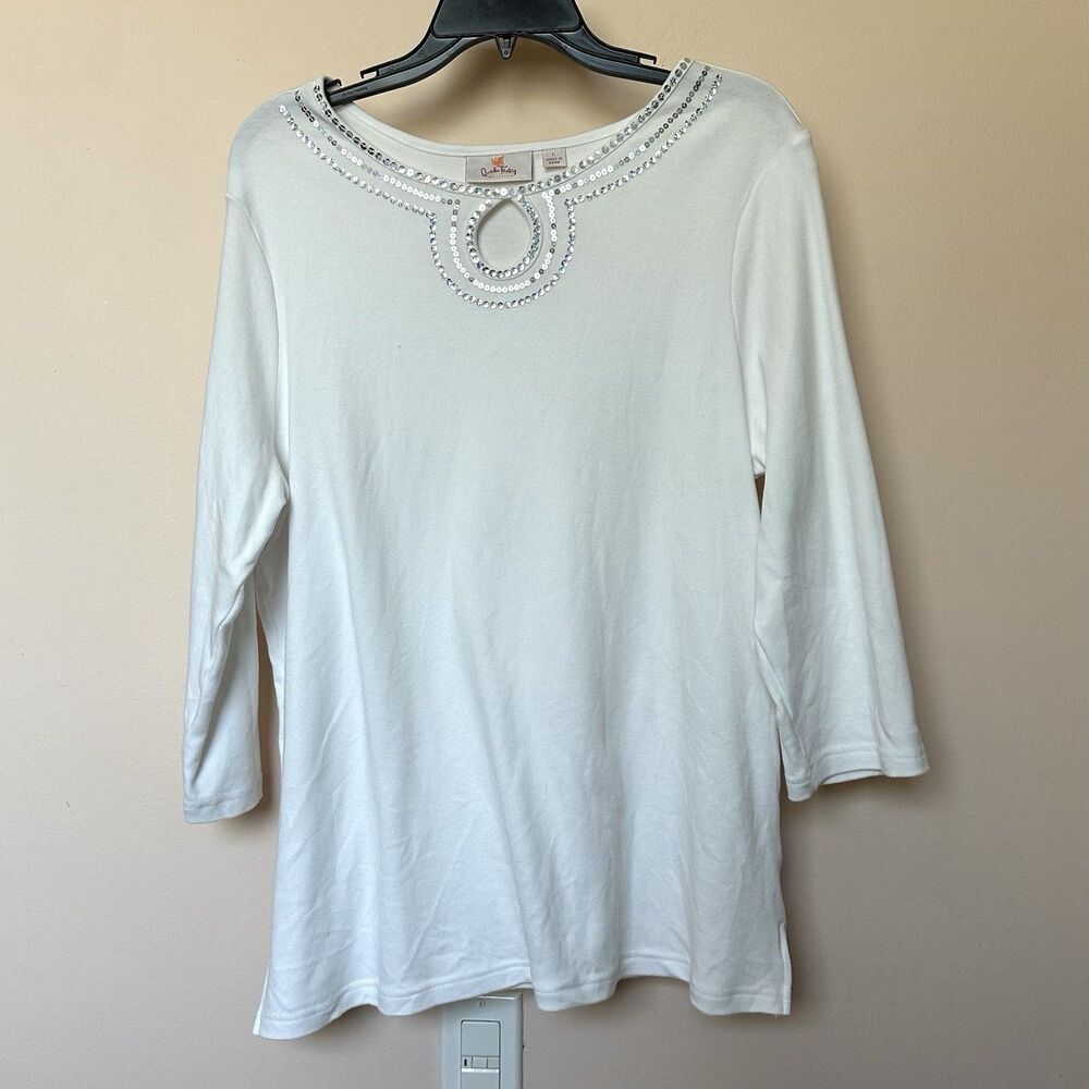 Quacker Factory Women's Top Lg Long Sleeve Sequin White Pullover Keyhole Preppy